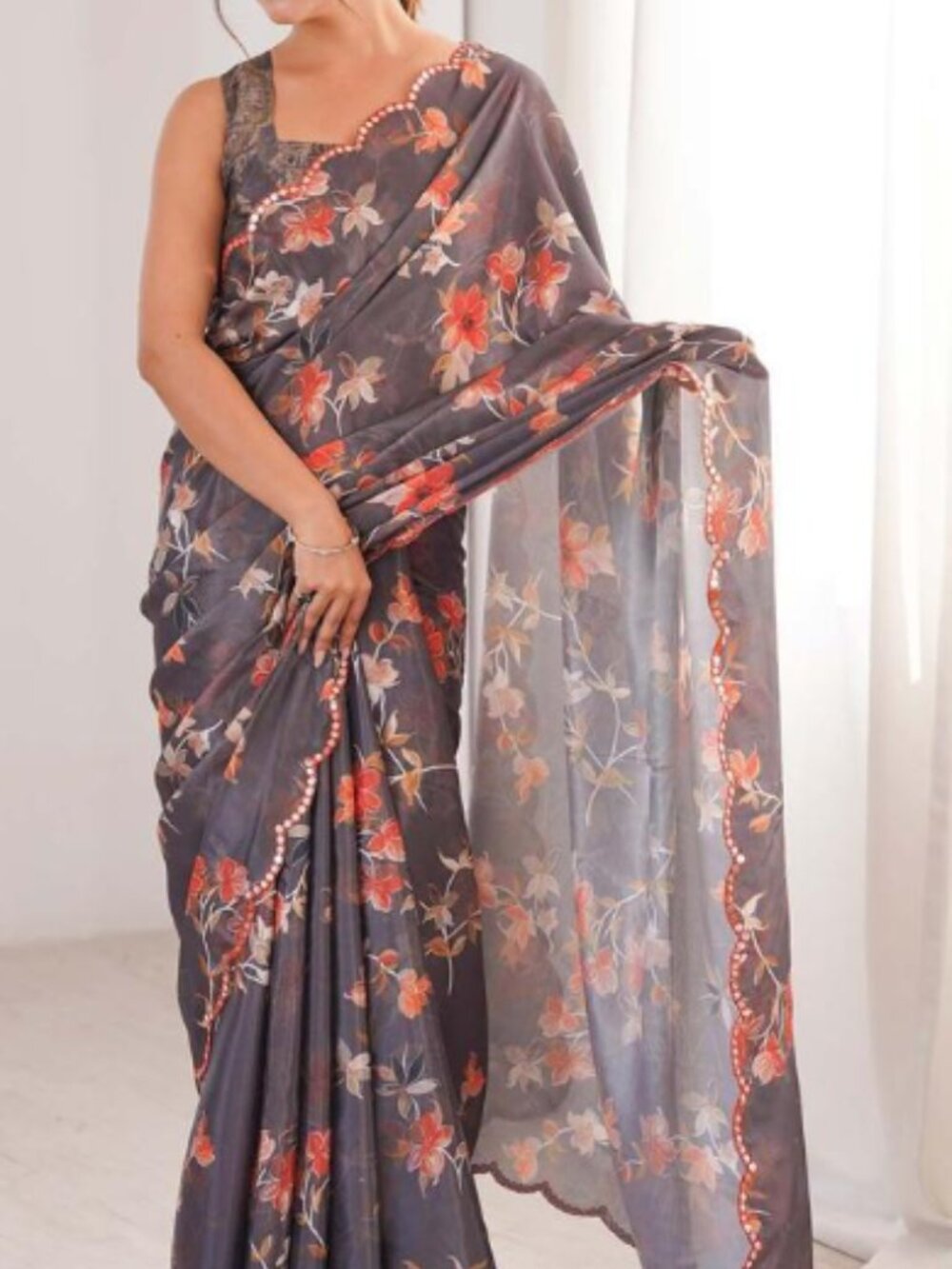 Gray Floral Pre- Stitched Saree